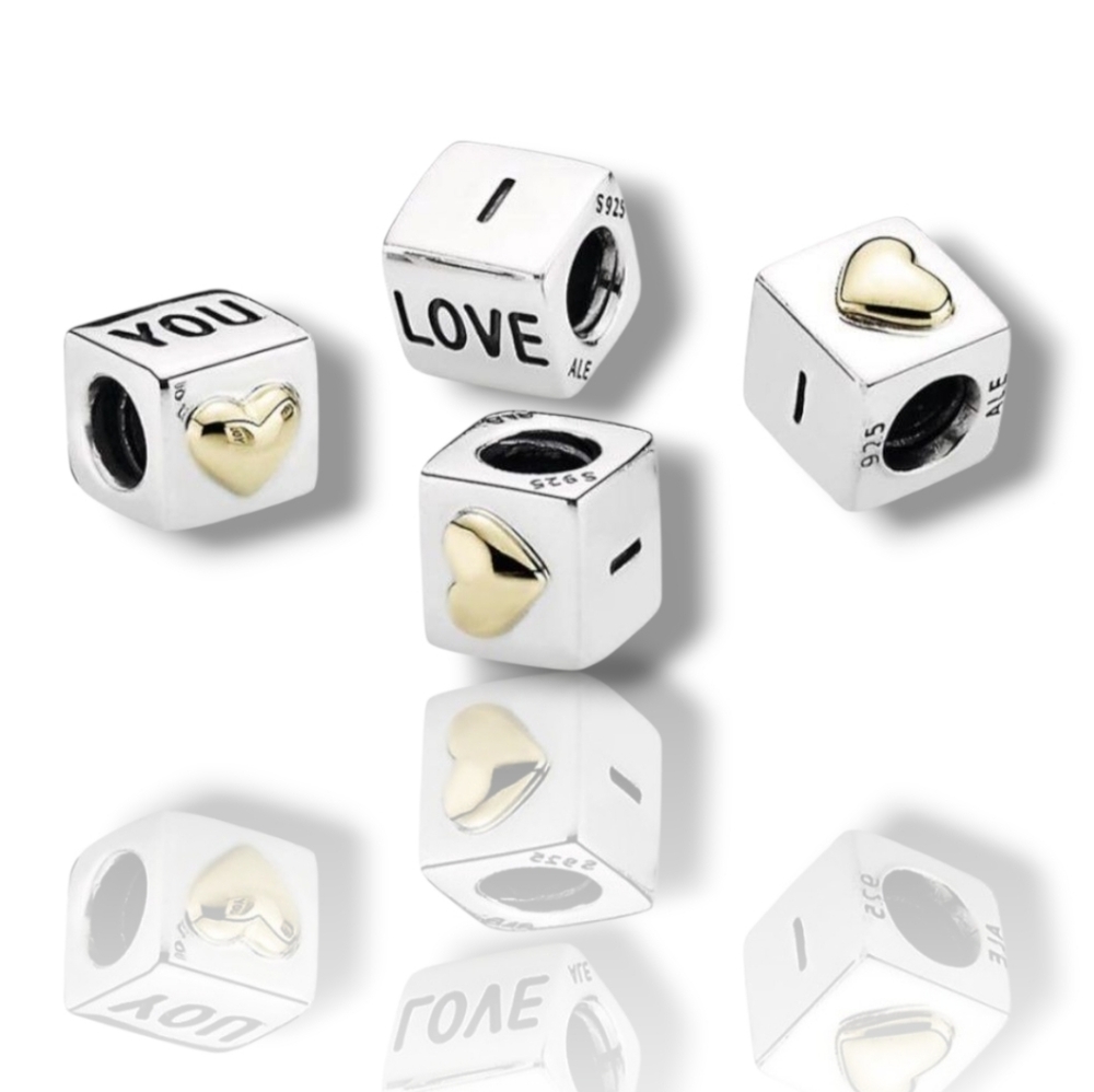 PANDORA Sterling Silver I LOVE YOU Cube Charm With 14K Gold Heart Retired